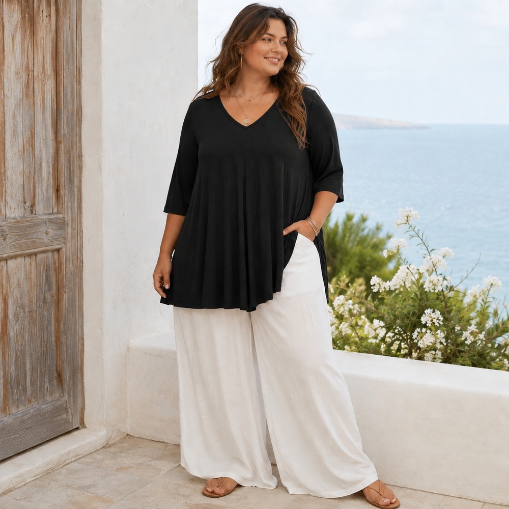 Green Envelope Anthropologie Swing Tunic Top Flowy 3/4 Sleeve Black Women's 1X